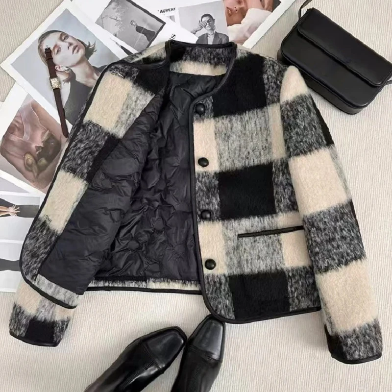 Fashion Plaid Thick Short Quilted Woolen Coat Women Down Cotton Padded O-neck Single Breasted Autumn Winter  Jackets Outerwear