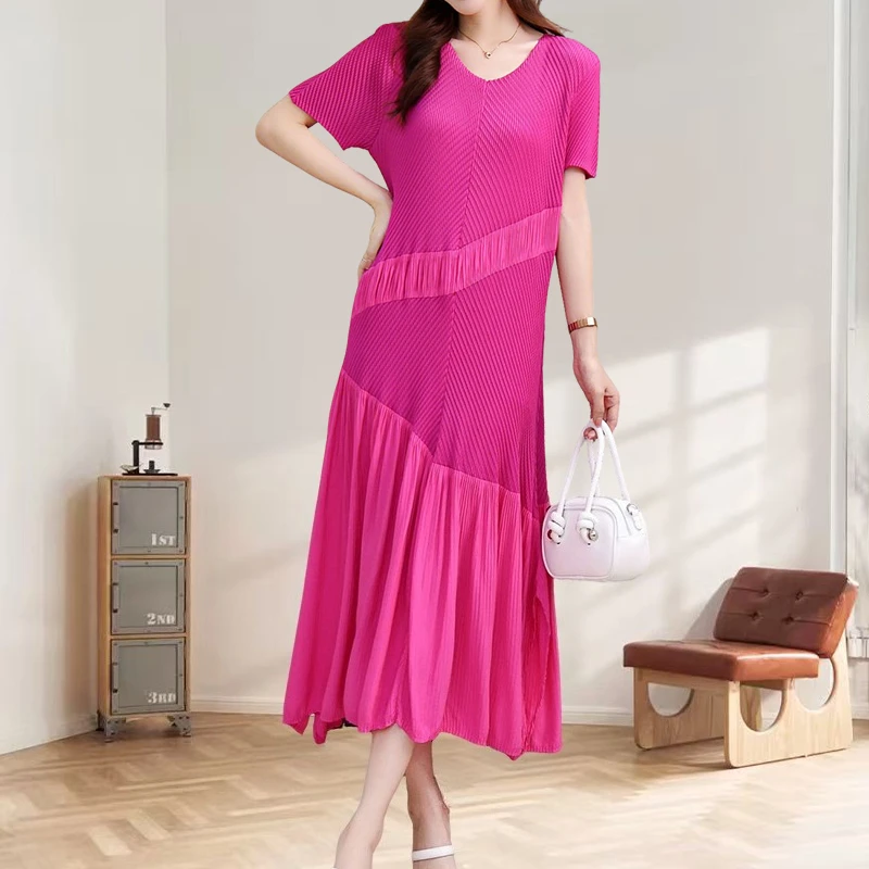 

Miyake Pleated Dress Pleat Casual French Fold Dress 2025 Summer Plisse Round Neck Splicing Pleats Dresses Women Clothing
