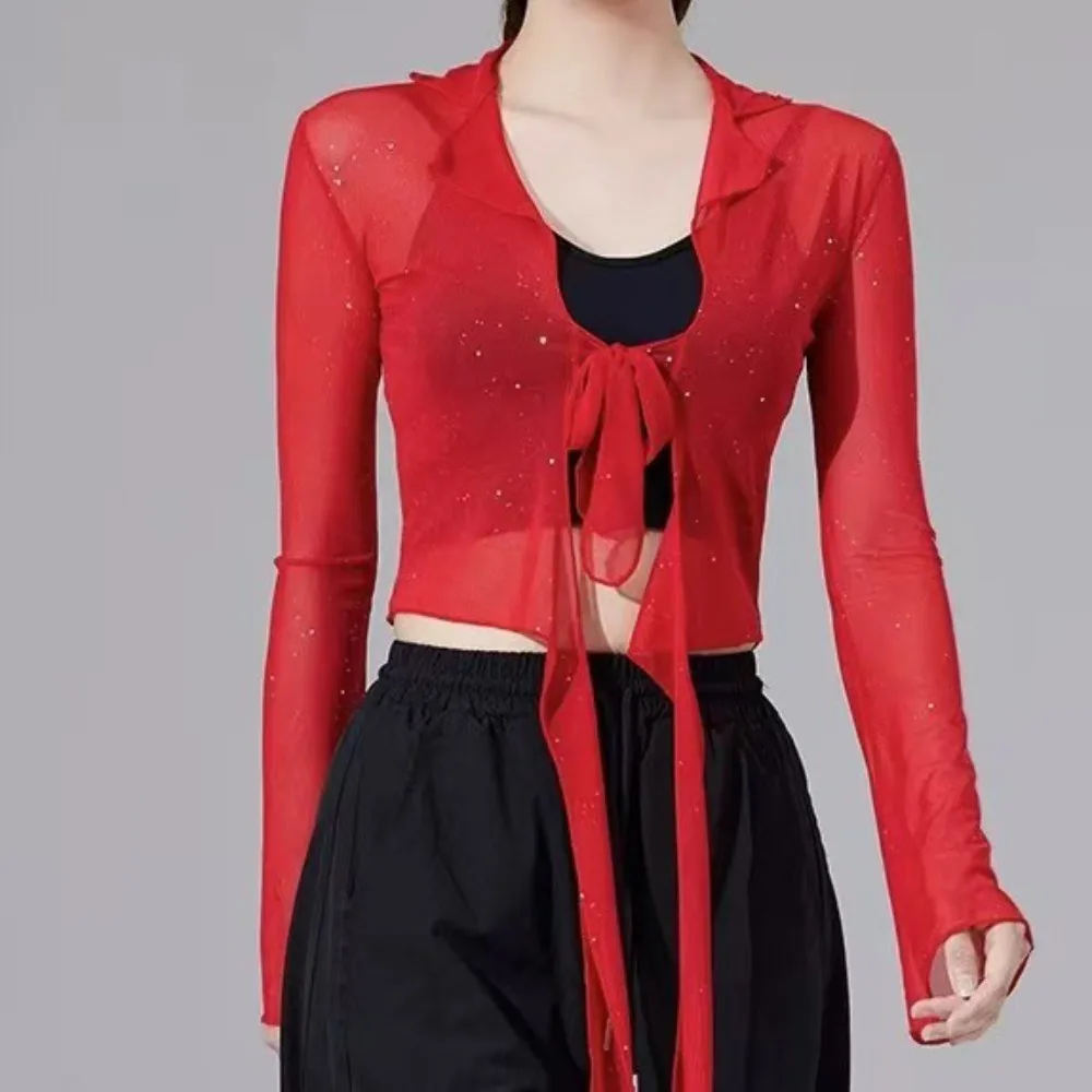 

Jeans Pants Decor with Sequins Jazz Dance Scarf Irregular Streetwear Y2K Belt High Waist See Through Waistband