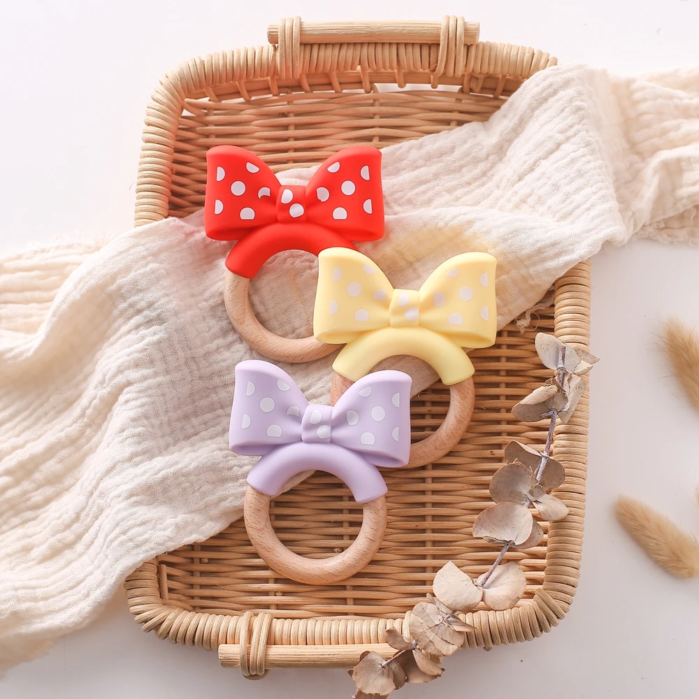 

1pc Baby Teether BPA-free Wooden Beech Wood Ring Cartoon Bow Infant 0 12 Month Teething Toys Food Grade Neonatal Dental Care