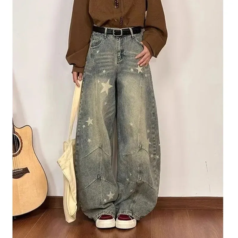 

American Ladies High Waist Printing Straight Leg Jeans Femme Wide-leg Denim Pantalons Autumn Women Bending Knife Cowboy Trousers