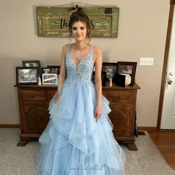 Cathy Sky Blue V-neck Wedding Dresses Star Appliques Tulle A-line فساتين سهرة Elegant Sleeveless Edge Curl vestidos de fiesta