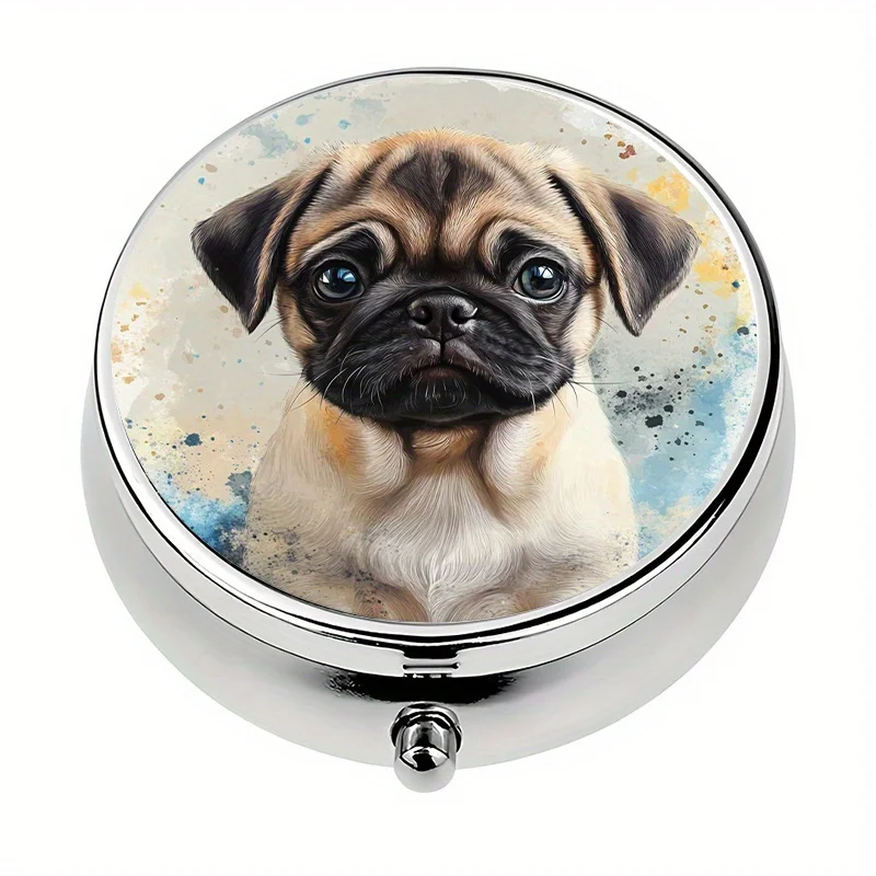 1-piece pack, 3-compartment divider, cute pug-themed mini pill box, portable pill storage case, can be placed in a pocket or handbag