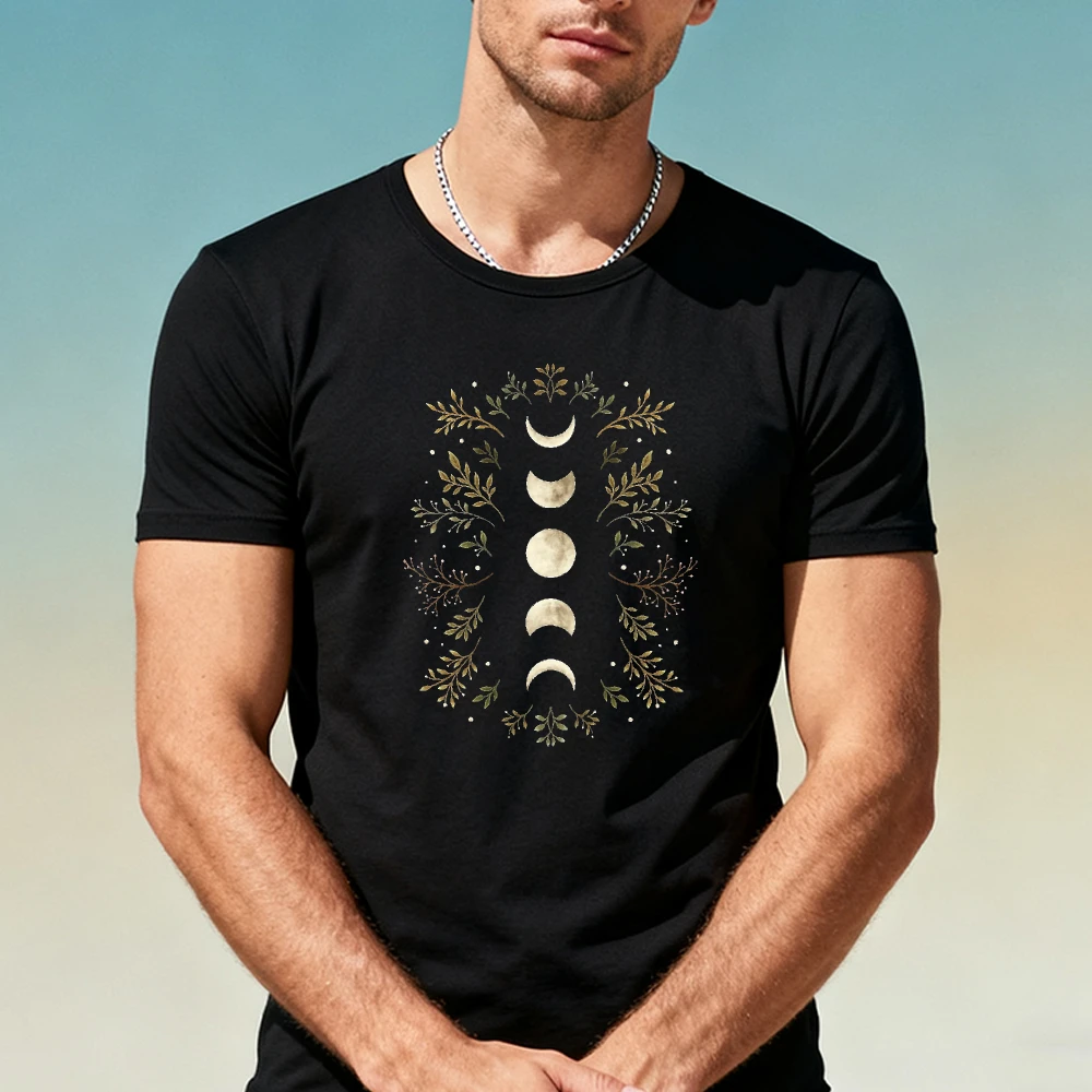 Ethereal Moon Phase Botanical Garden T Shirt Men Short Sleeve Tee Celestial Bohemian Graphic Top Summer Yoga Meditation Tees
