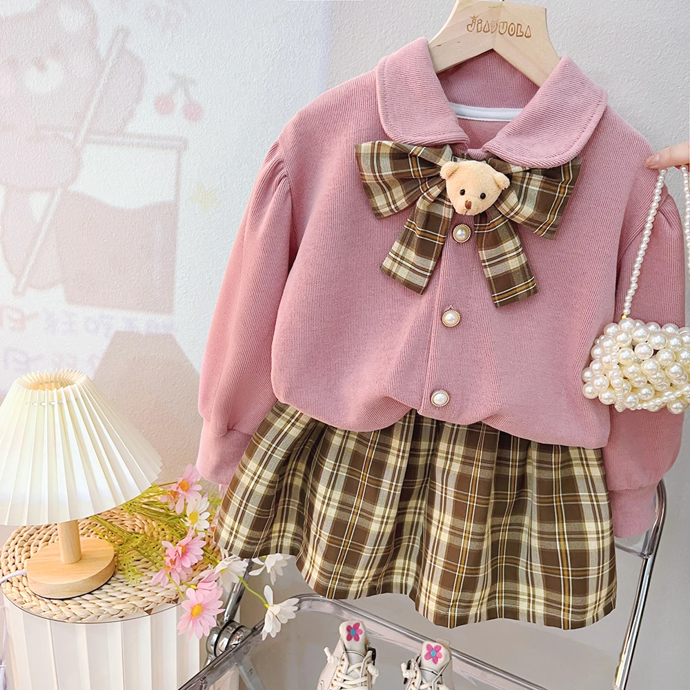 2023 Autumn Baby Girls Clothing Sets Children Bow Coats Plaid Skirt 2 Pcs Suit Kids Tracksuit Infant Outfits Princess Clothes