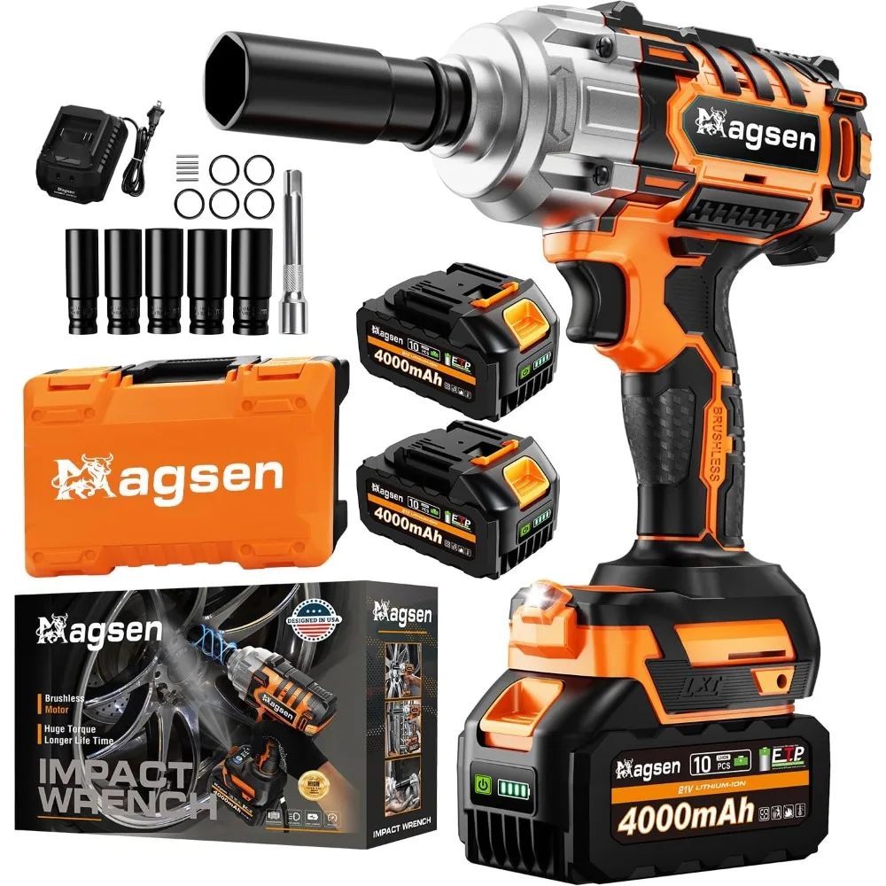 

Аккумуляторный ударный гайковерт 1/2 дюйма, бесщеточный ударный пистолет с высоким крутящим моментом 900 футов (1200 Нм), аккумулятор 3800 об/мин, 2x4000 мАч, 5 розеток