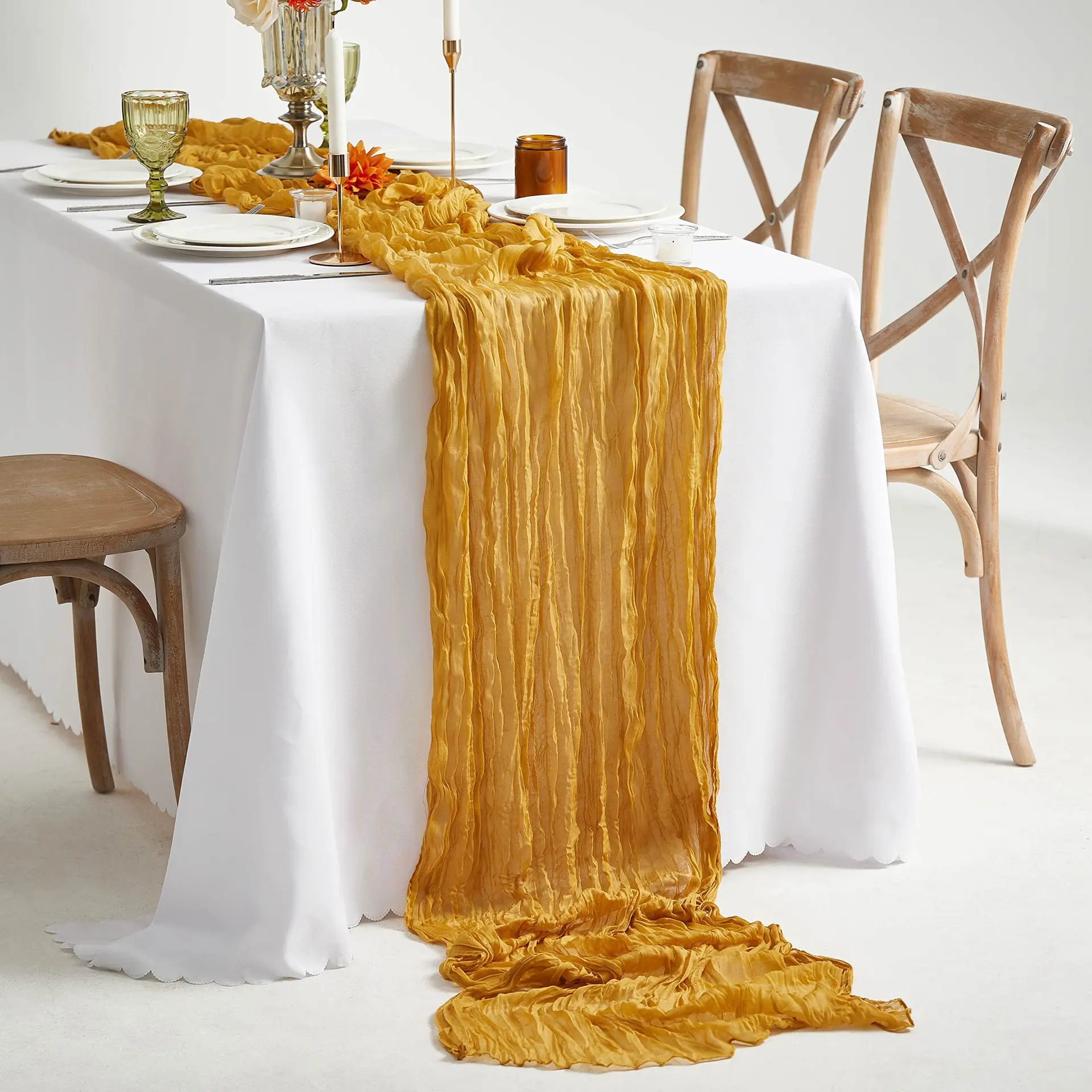 Boho Gauze Fabric Rustic Sheer Romantic Terracotta Cheese Cloth Colorful Uneven Luxury Cheesecloth Table Runners