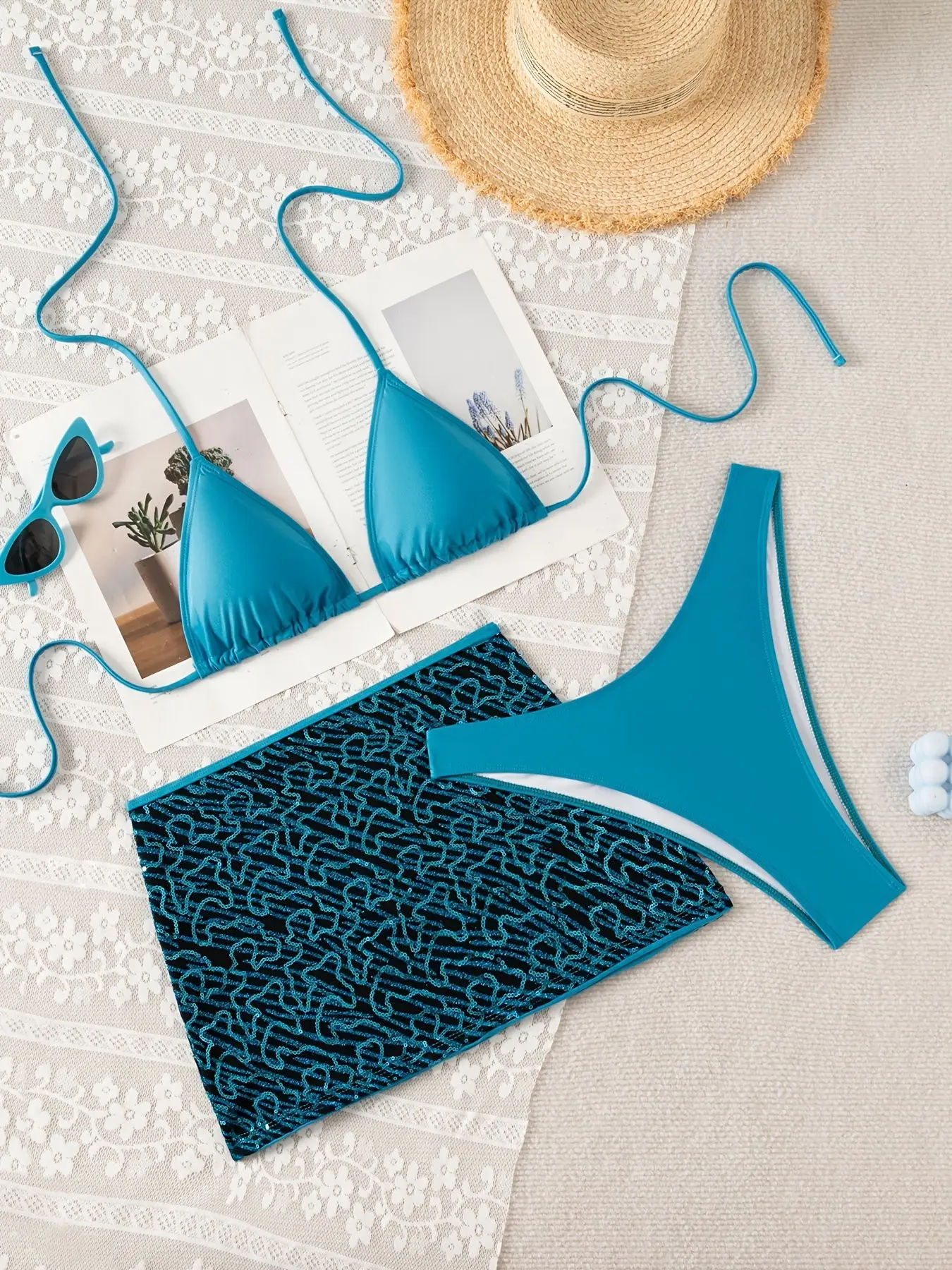 sexy blue halter tie bikinis sets 3pcs with glitter sequin mini skirt swimsuits bathing suit beach outfits biquini tankini