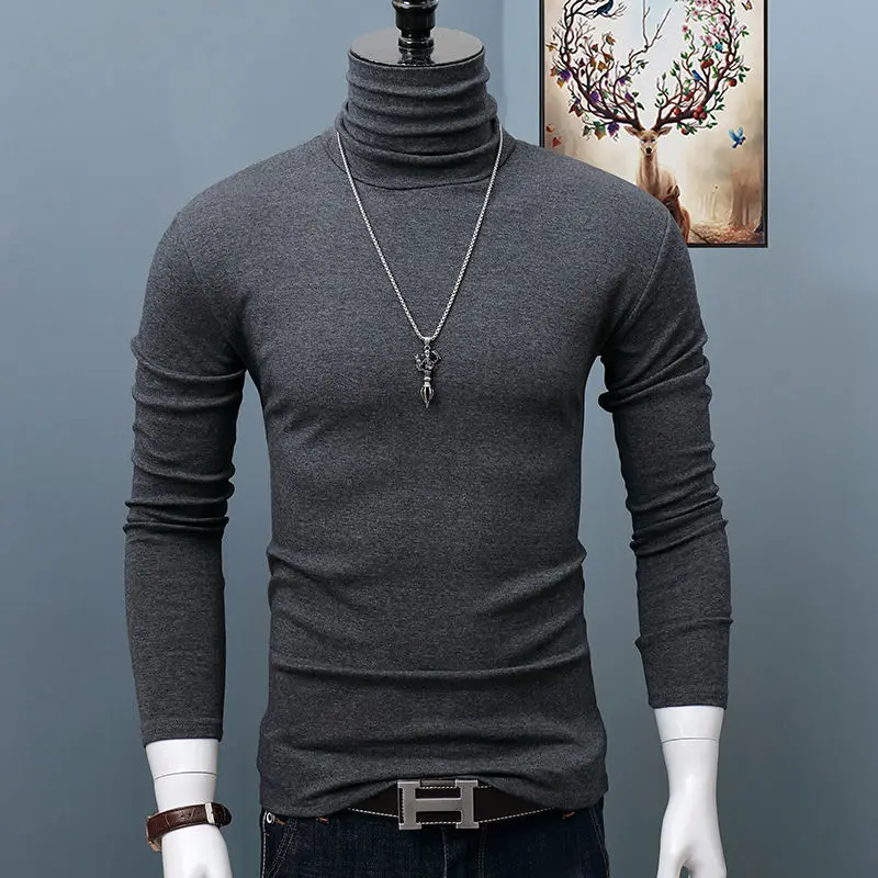 Men's Classic Autumn Winter Turtleneck T-Shirt Dark Red Stretch Casual Turtleneck Top Plus Size Long Sleeve Tee Shirts Young Men image 2