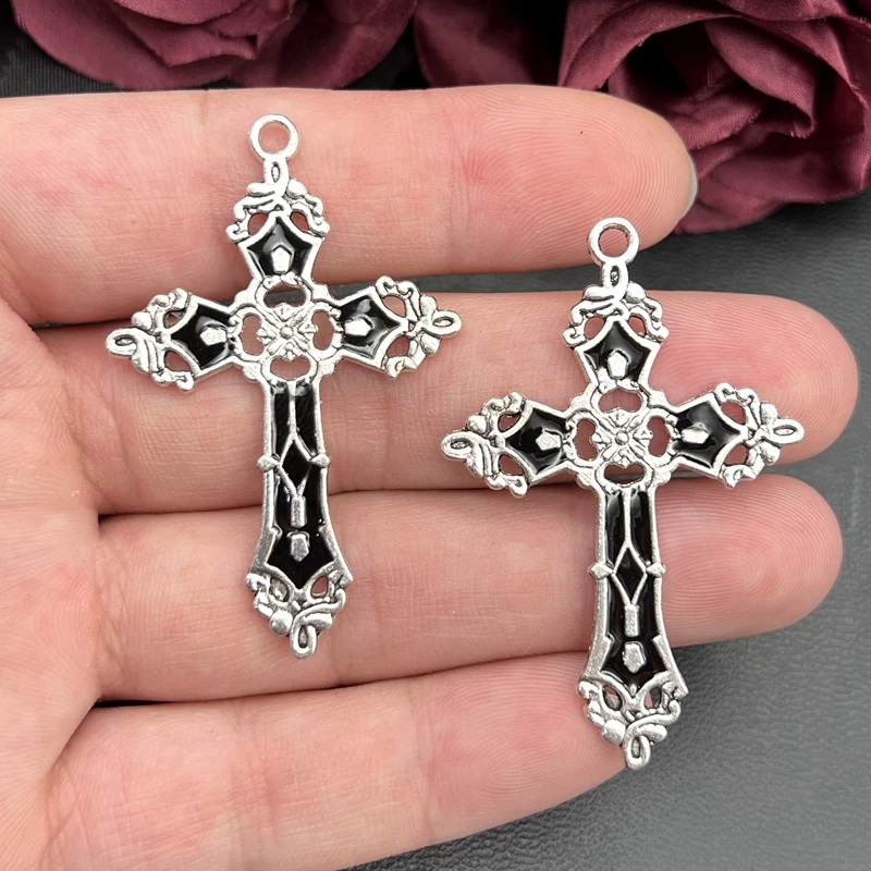 5pcs 55x35mm Gothic Cross Silver Dripping Oil Alloy Tibetan Pendants Earring Antique Jewelry Making DIY Handmade Accessories