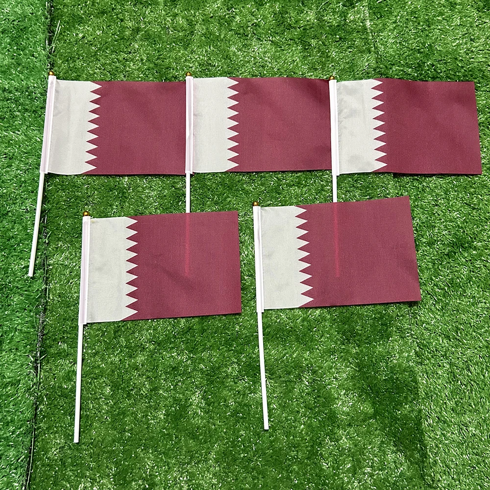 SKY FLAG Qatar hand Flag 10/20/50/100pcs 21*14cm Qatar Hand Waving Flags With plastic pole For Sports Activity Home Decor