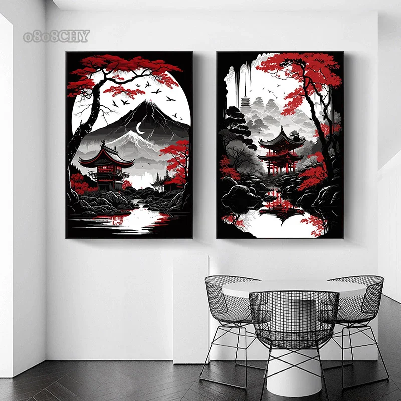 الأسود والأحمر المناظر الطبيعية اليابانية قماش اللوحة طباعة HD الملصقات مجردة صور فنية للجدران لغرفة المعيشة الديكور جدارية #4