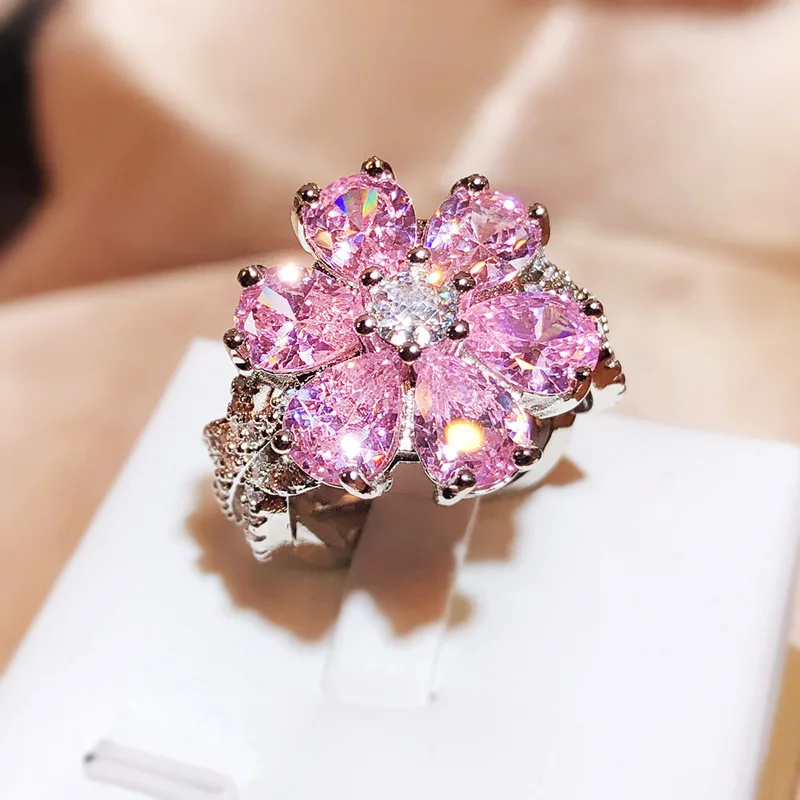 Pink Diamond Flower Open Ring for Women, Niche Design, Fashionable, Versatile and Exquisitely Elegant