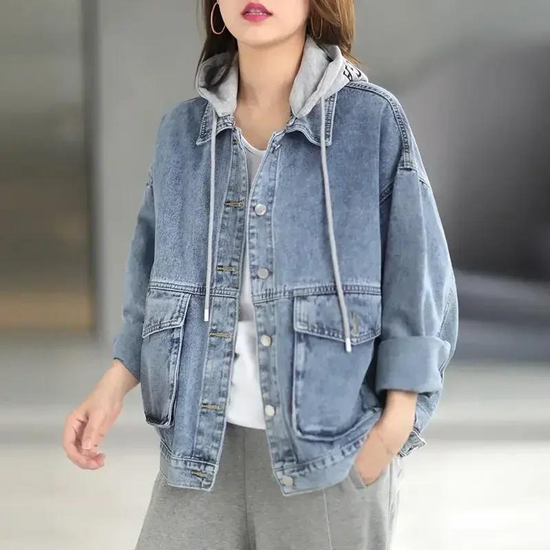 Korean Denim Jackets Women Spring New Casual Loose Slimming Oversize Hooded Vintage Jeans Coats Female Solid Jean Jacket Woman