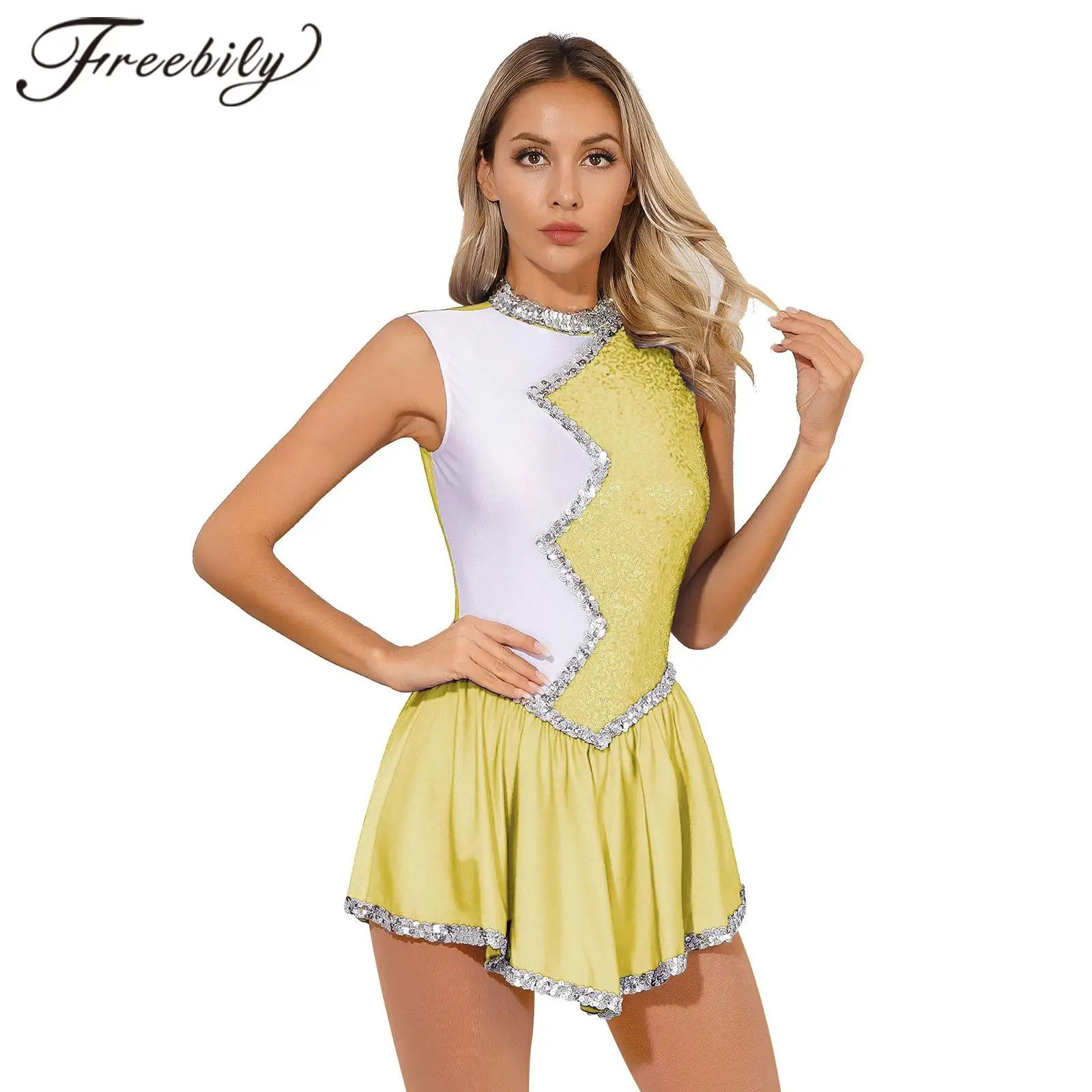 Womens Ballet Dance Leotard Dress Shiny Sequin Color Block Dancewear Sleeveless Gymnastics Jumpsuit Ice Figure Skating Costume