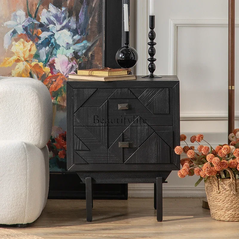 ls 51Französischer Retro-Nachttisch aus Massivholz mit Schubladen und Aufbewahrungsschrank