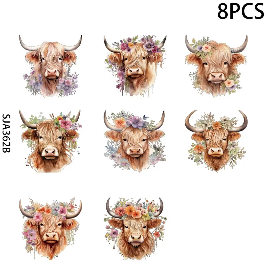 8pcs Highland Cow UV DTF Cup Stickers, Waterproof Sticker Pack For Decorating Mugs, Cups,DIY Art Supplies