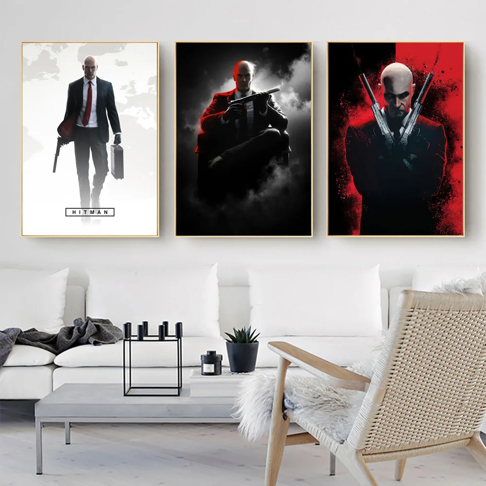 Hitman Game Black White Poster And Prints Bareheaded Killer In Suit Canvas Art Wall Painting For Living Room Decor Pictures