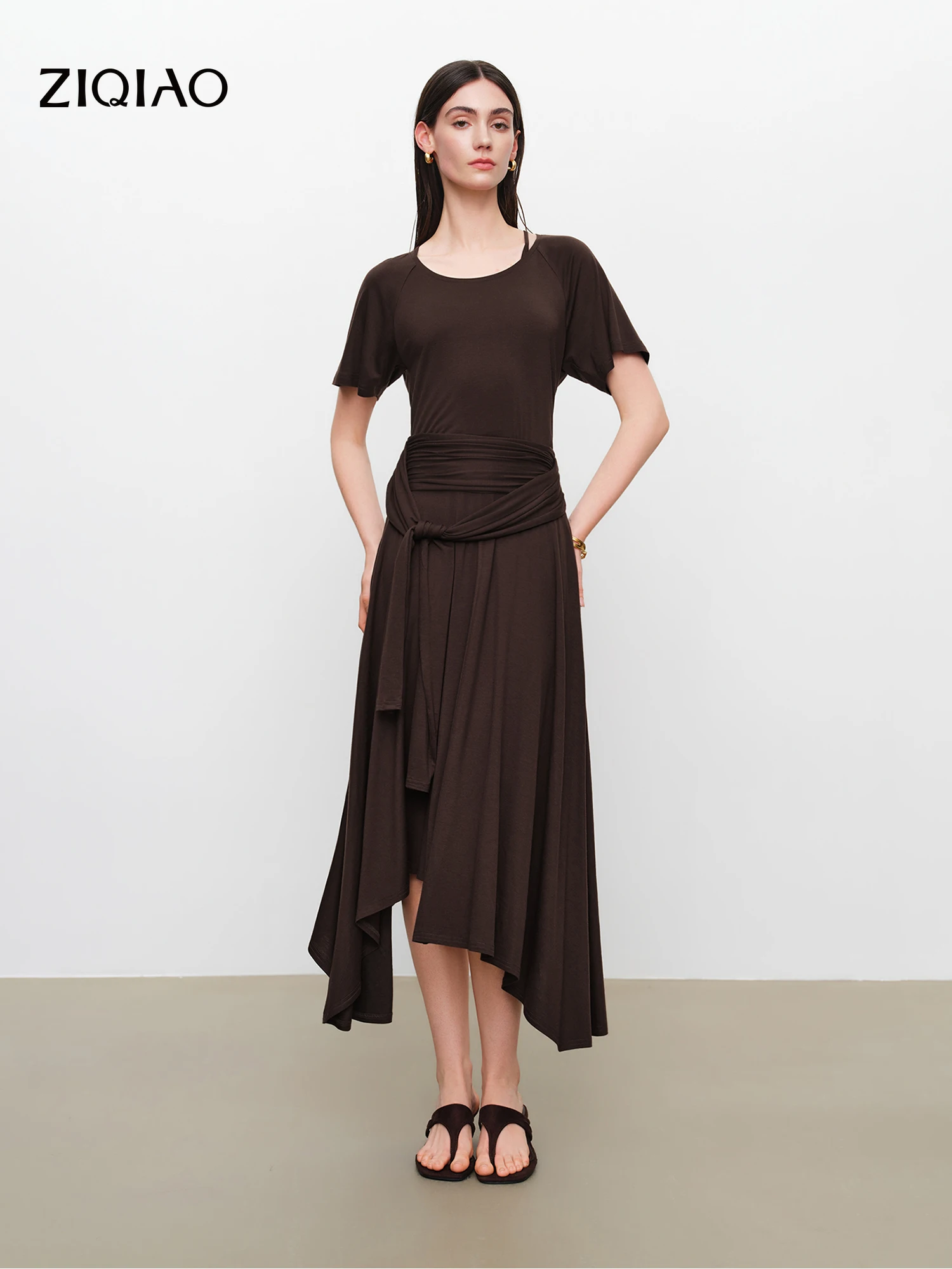 ZIQIAO Women 3 Pieces Outfit O-Neck Short Sleeve Tops Halter Camisole High Waist Irregular Midi Skirt Slim Casual Solid Daily