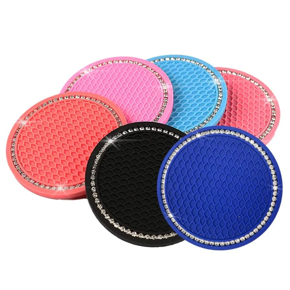 New Anti-Slip Bling Car Coasters PVC Sift-Proof Beverage Coaster Diamante Crystal 7cm 2.76inch Cup Mats