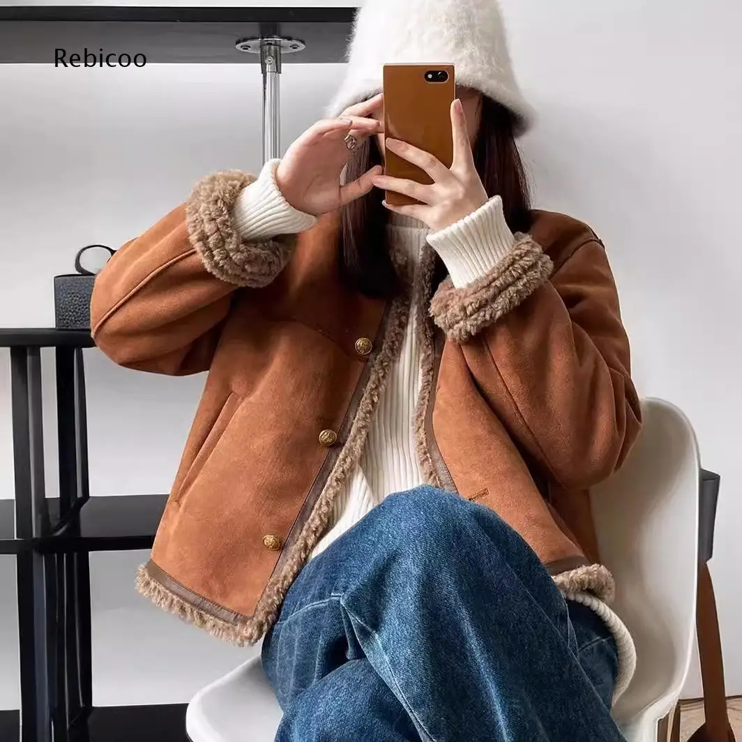 Button Front Sherpa Lined Short Jacket For Women Fleece Trim Cuff And Hem Long Sleeve Outer Coat For Cold Weather Days