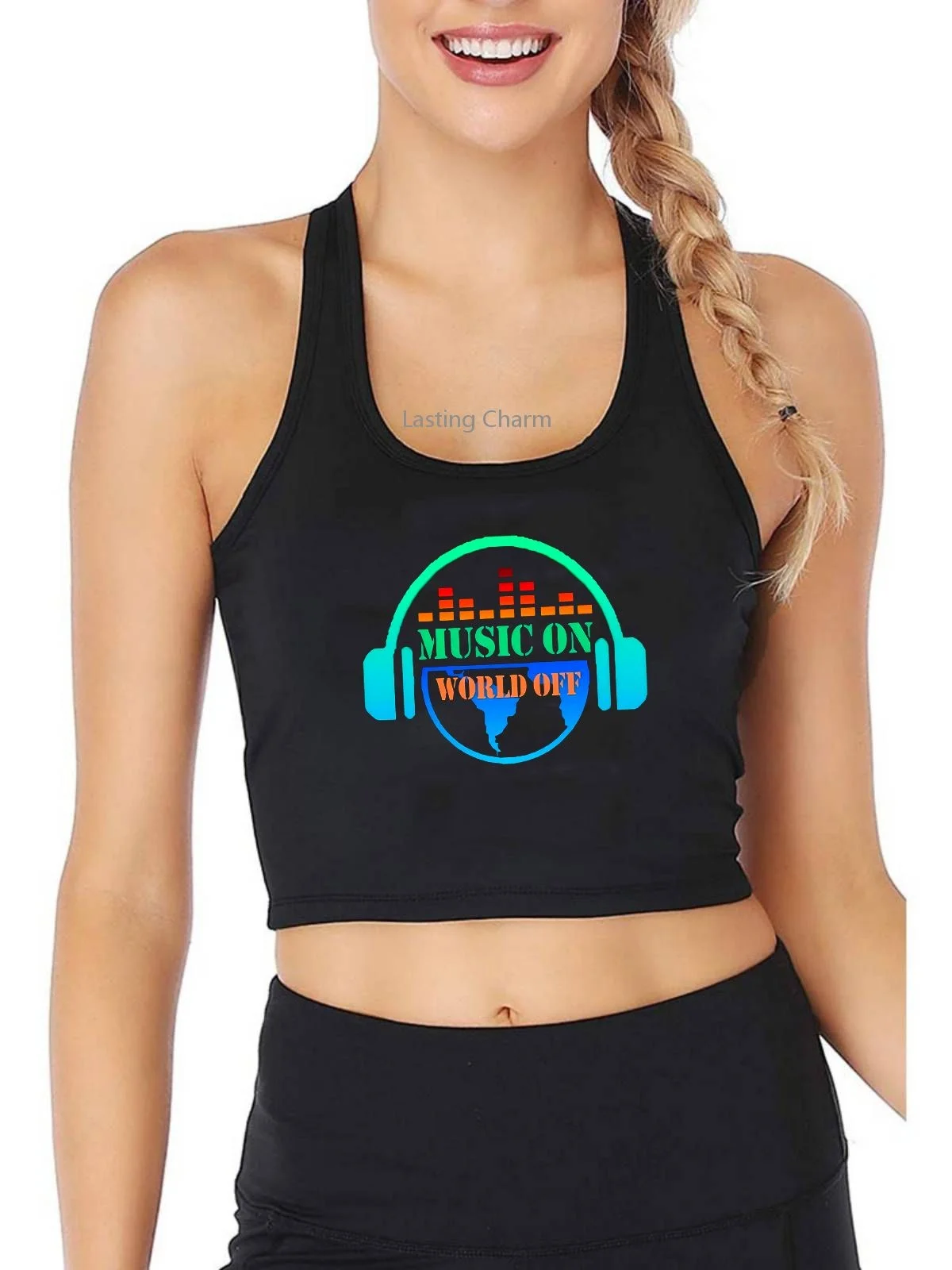 

Music On World Off Design Breathable Slim Fit Tank Top Women's Personalized Customization Yoga Sports Training Crop Tops