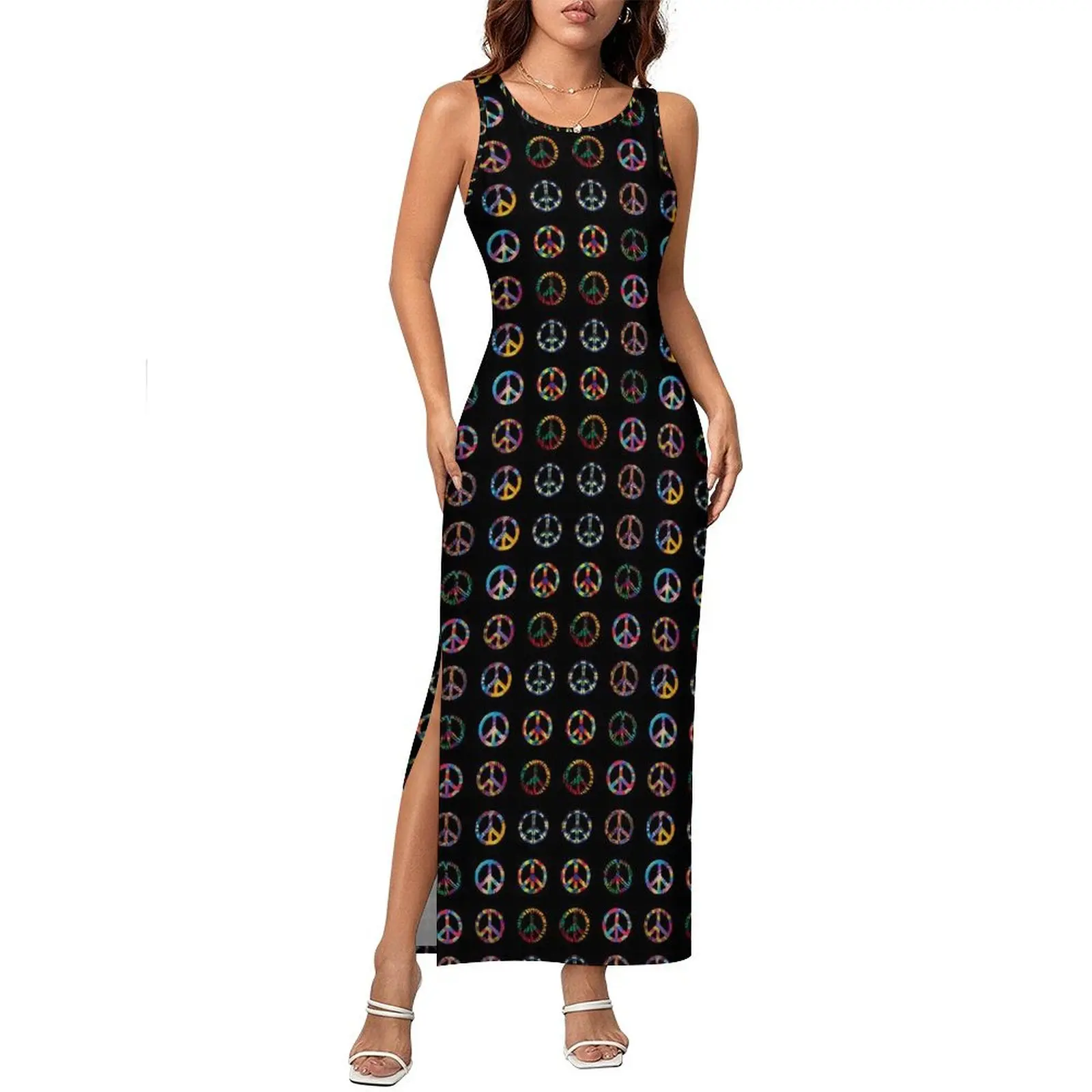 Peace Signs Dress Sleeveless Groovy Retro Print Cute Maxi Dresses Summer Casual Y2k Design Bodycon Dress Big Size