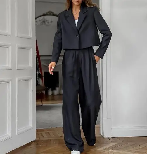 

Осень-зима 2025 г., новый костюм с воротником и длинными рукавами, повседневные свободные длинные брюки с высокой талией и эластичной лентой, классический комплект из двух предметов