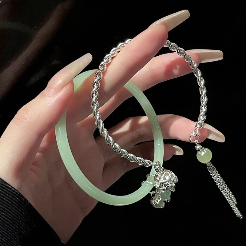 Simple Fashion Green Bangle Tassel Double Spell Silver Opening Adjustable Bracelet For Women Vintage Jewelry Gifts