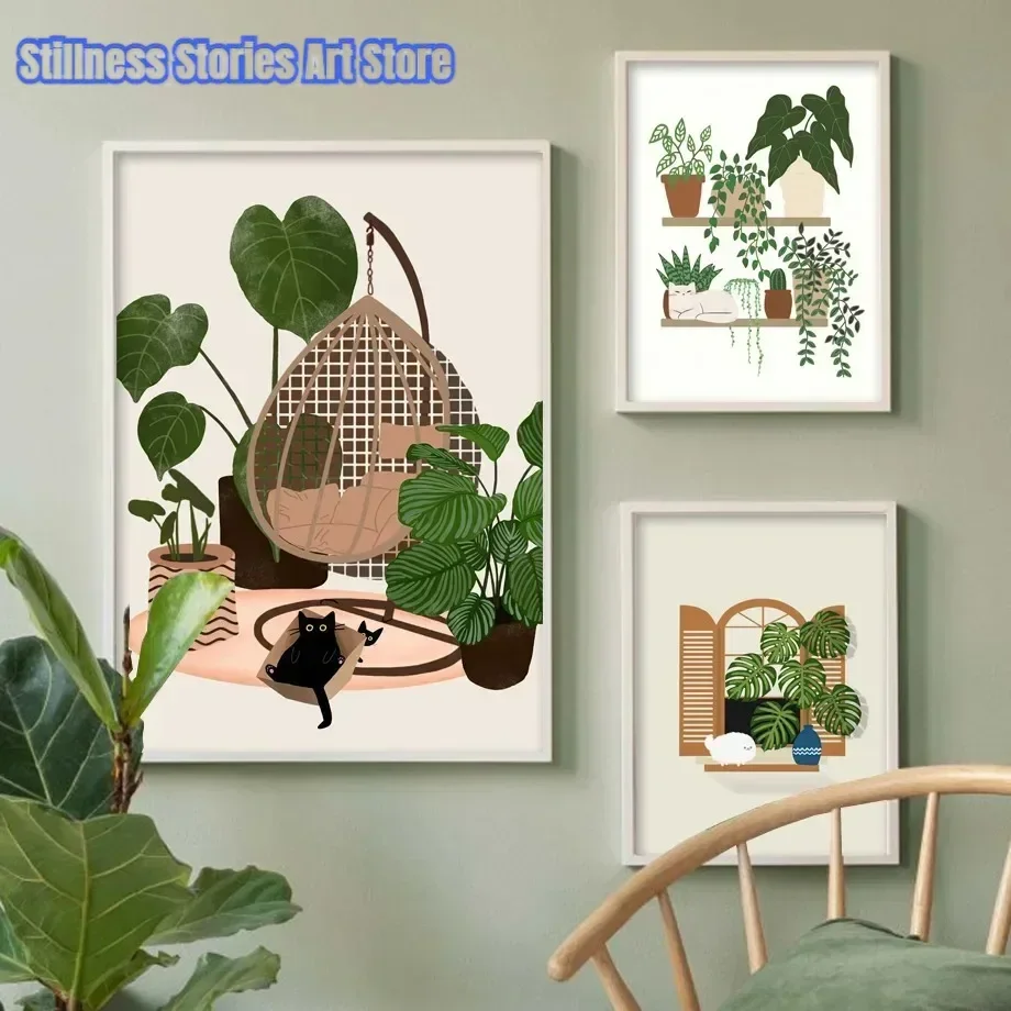 Wall Art Canvas Painting Aesthetics Abstract Green Plants Black Cat Posters And Prints Wall Pictures For Boho Living Room Dec