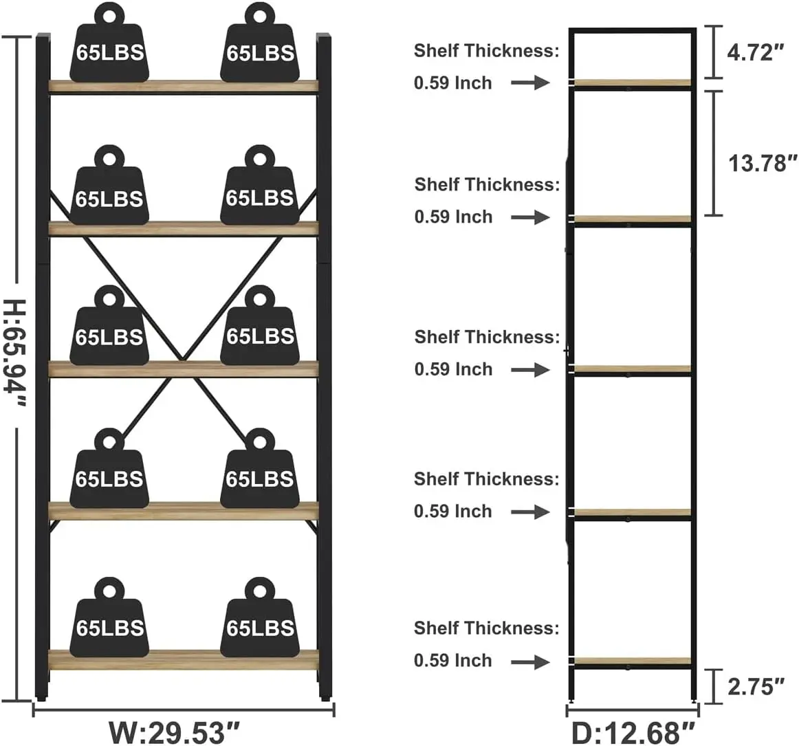 5 Tier Bookshelf, Industrial Wood and Metal Book Shelves for Display Tall Etagere Bookcase and Rustic Shelving Unit (Rustic Oak)