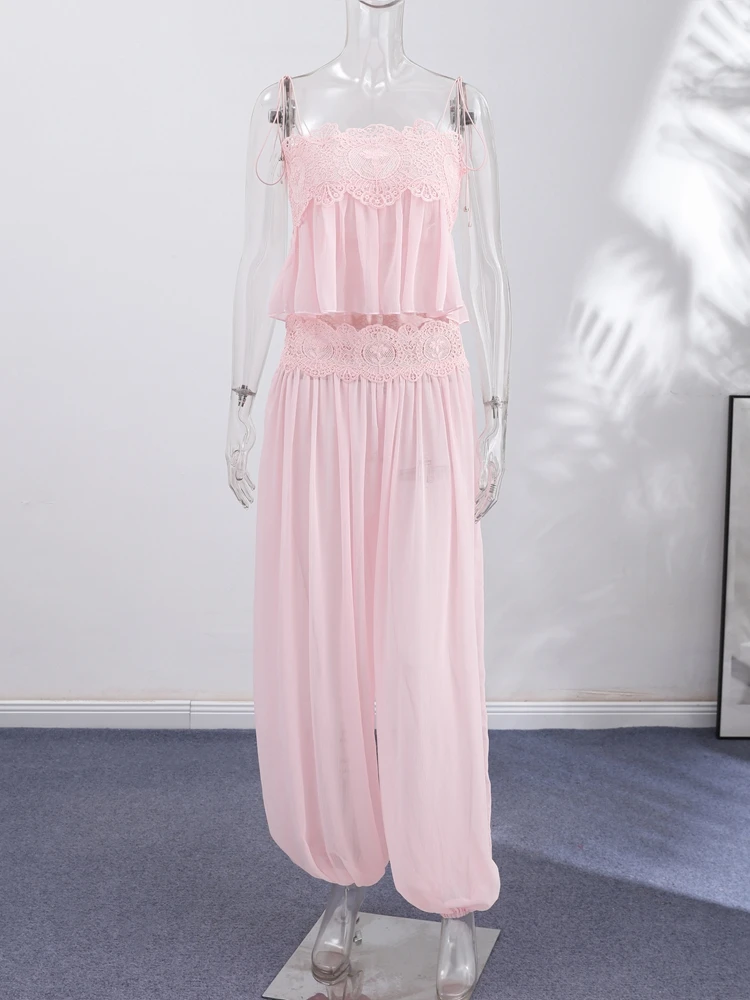 2026 Summer Fashion Square Neck Ruffled Crop Top & Long Pants 2-Piece Set Elegant Boho Resort Vacation Casual 2 Pcs Beach Outfit view 5