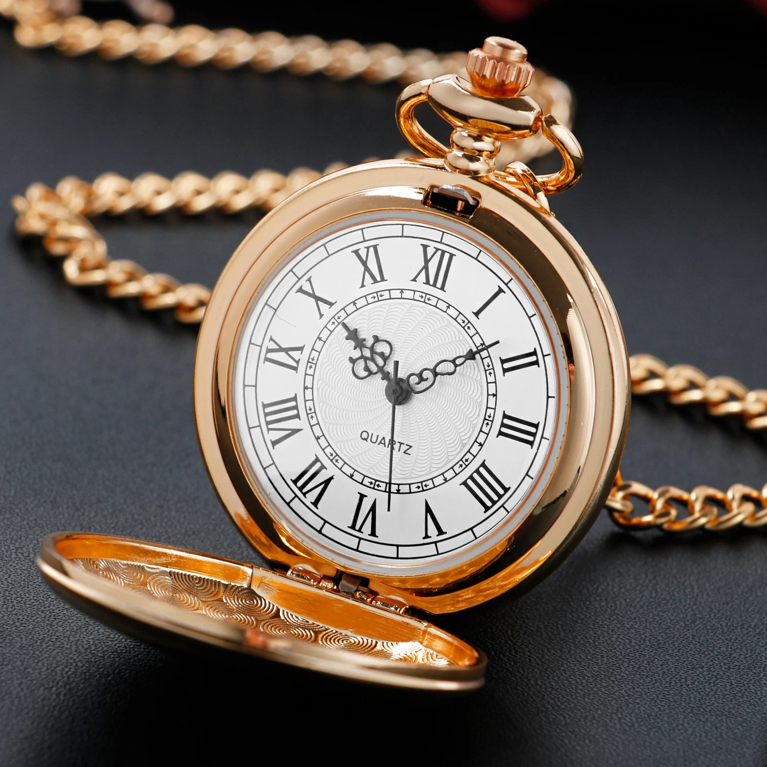 Luxury Rose Gold Pendant with Two Reflective Cases Quartz Pocket Watch Roman Digital Vintage Watch Men's and Women's Souvenir