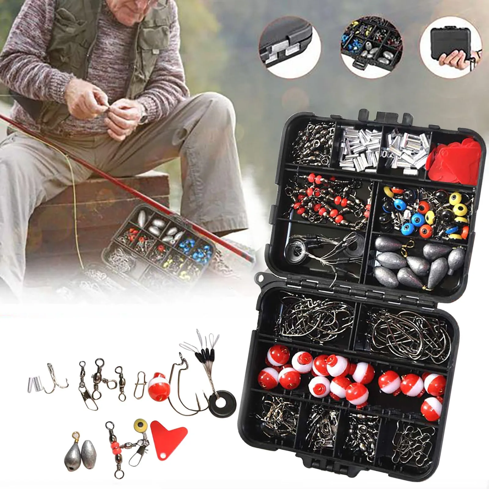 264pcs Fishing Accessories Set With Tackle Box Including Plier Hooks Weight Swivels Snaps Slides