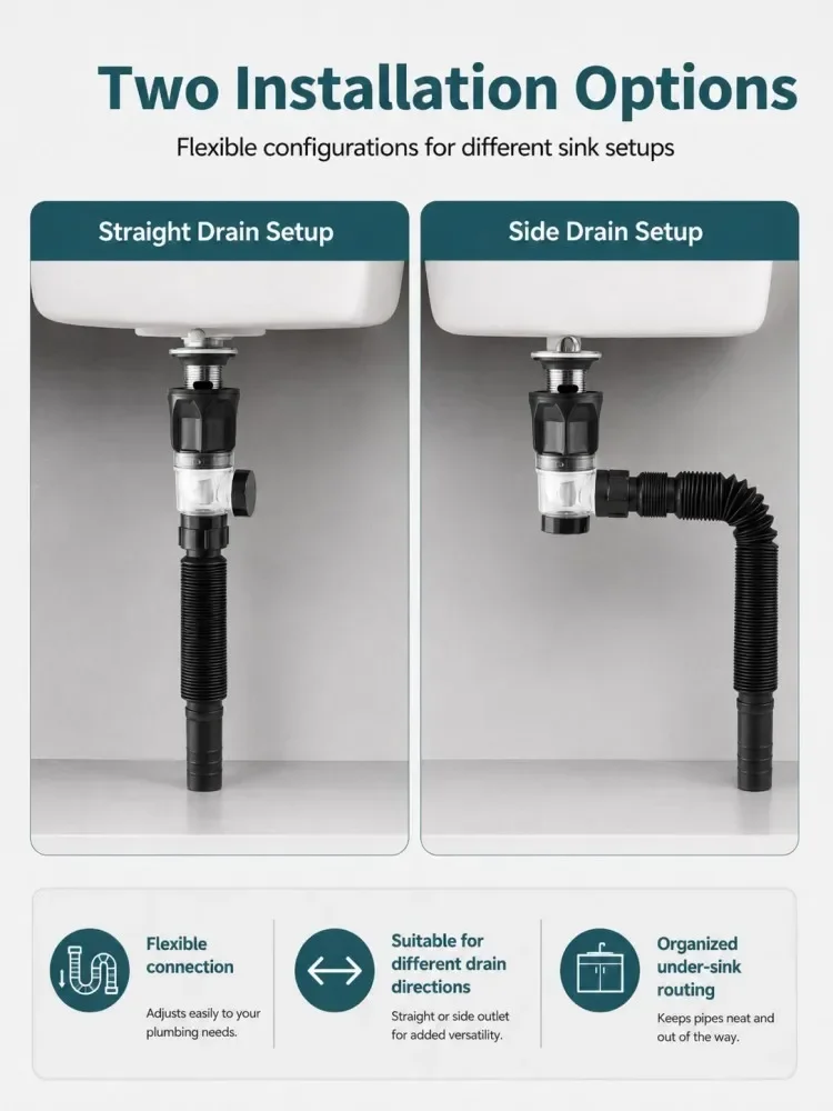 1-5 Stück ABS-Badezimmer-Waschbecken-Ablaufset, Abflussstopfen, flexibler Schlauch, Edelstahl-Ablaufrohr-Set mit oberem Seitenanschluss – Detail 10
