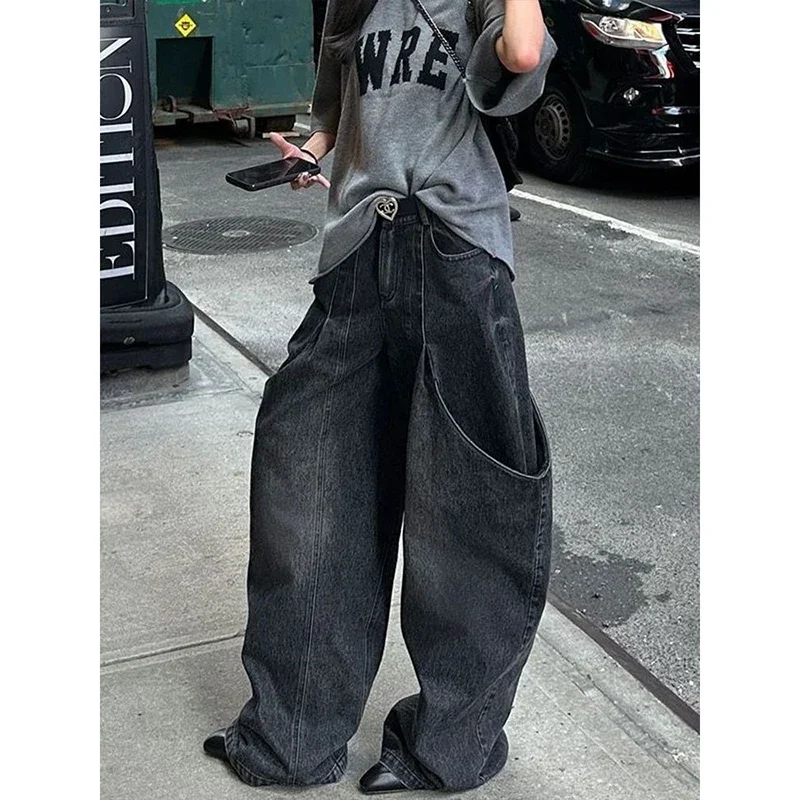 

Черные мешковатые джинсы-карго Y2k, женские винтажные джинсовые брюки в стиле Харадзюку, эстетический стиль 2000-х, большие джинсы в стиле хип-хоп, осенние брюки
