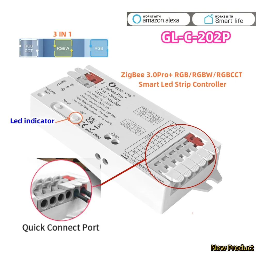 zigbee em controlador de faixa de led inteligente 30pro rgb rgbw rgbcct 20a dc 1224v alexa homeey tuya smart app gl c 202p 01