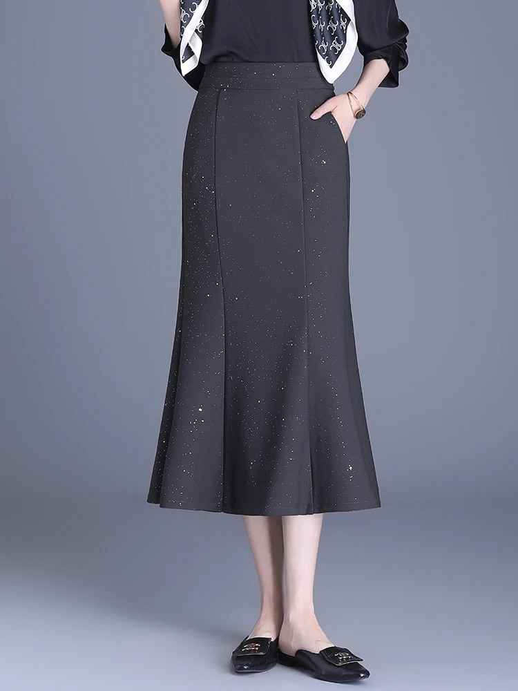 

ZUZK Women All-match Glitter Midi Mermaid Suit Skirt Spring Autumn Elastic High Waist Patchwork Mermaid Black Skirt Slim Female