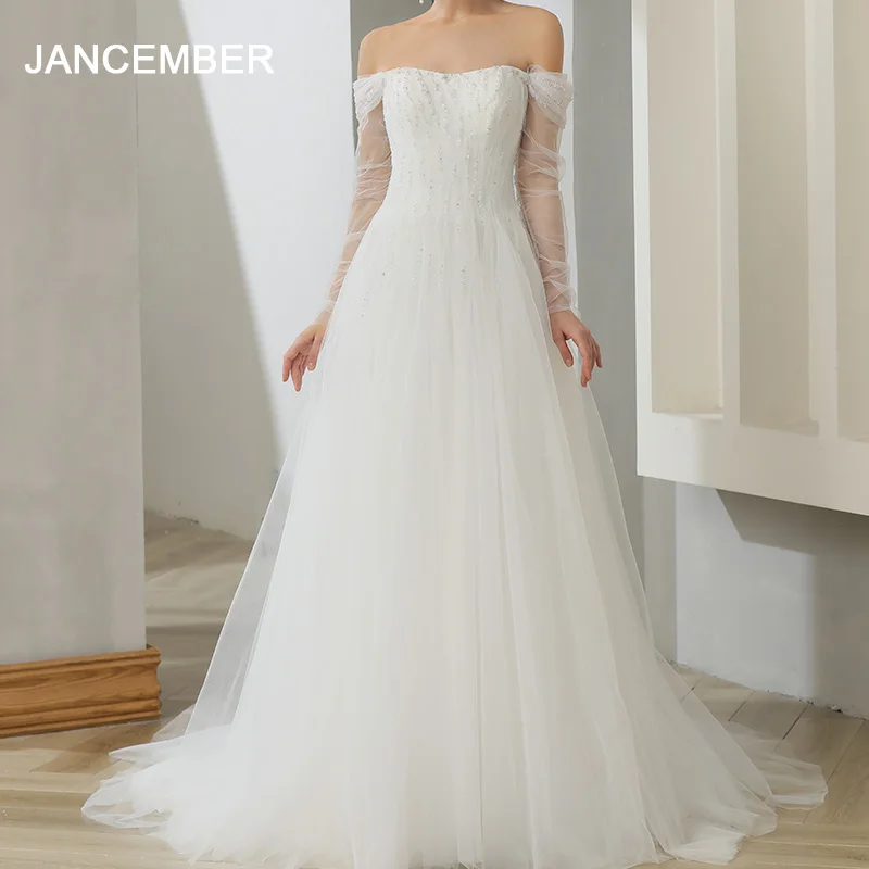 Jancember Elegant A-line Wedding Dress Women Open Back Long Sleeves Bows Bridal Gown Sweep Train Vestidos De Novia QW01121