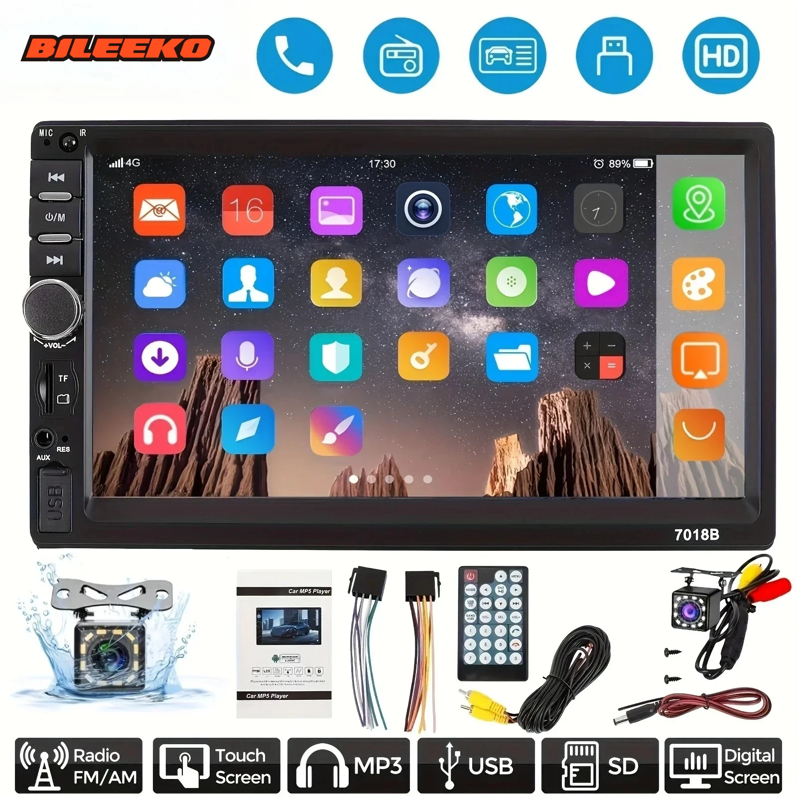 

Bileeko 7" 2 Din Car Stereo - MP5 Player, Touch Screen with Backup Camera, USB/TF/AUX & Mirror Link