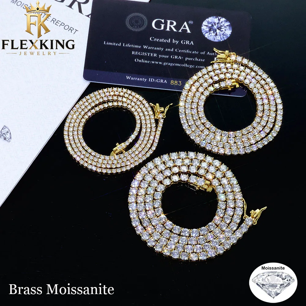 FLEXKING 2/3/4/5mm Brass Iced Out VVS1 Moissanite Tennis Necklace Lab Diamond GRA Certified Pass Diamond Tester Hip Hop Jewelry