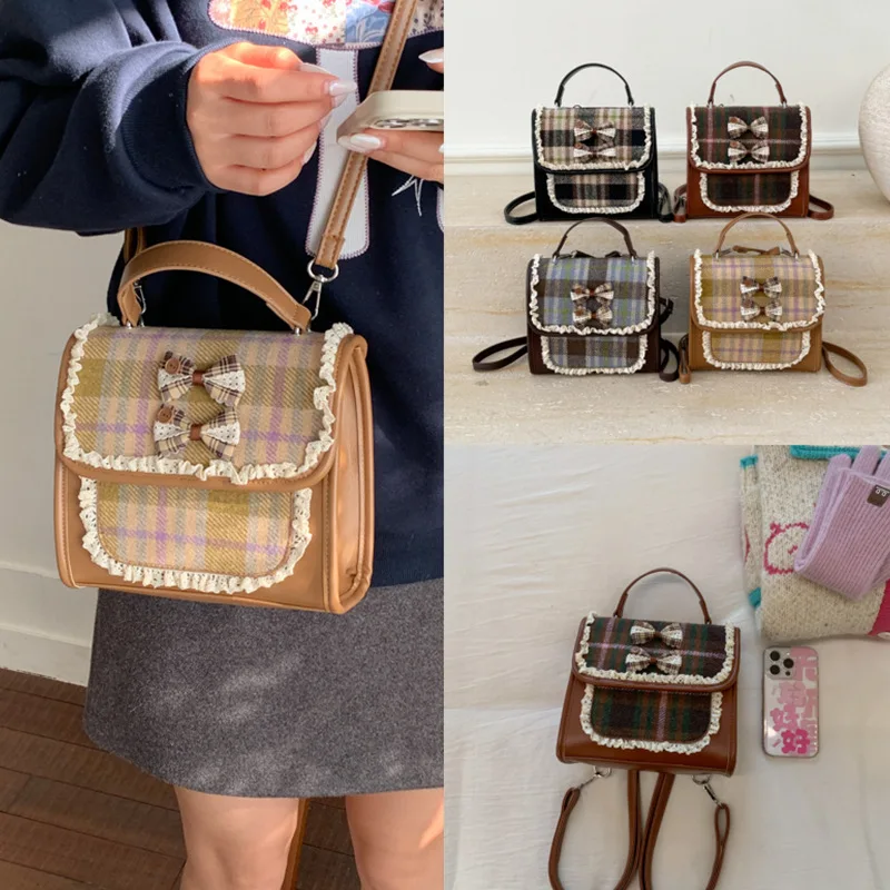 

Девичья сумка-рюкзак из ПУ кожи в клетку с кружевом, милый бант, британский стиль, контрастные цвета, стильный школьный рюкзак для студенток, сумка через плечо