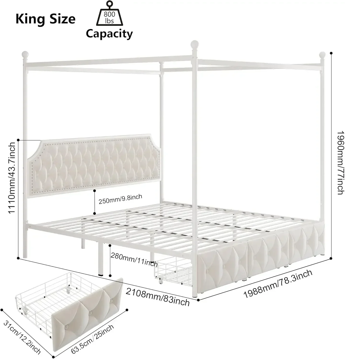 [XMSJ]King Upholstered Canopy Bed Frame with 3 Drawers and Button Tufted Headboard, Metal Platform Bed with 4 Removable Posts - Image 2
