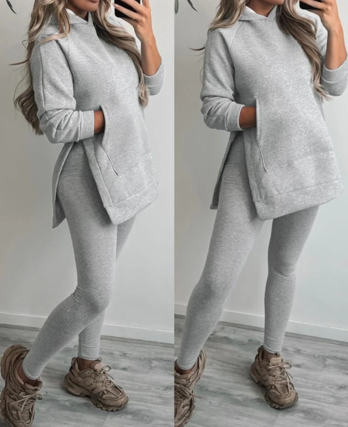 Fashion Two-Piece Set 2Pcs Side Slit Kangaroo Pocket Design Hoodie & Skinny Leggings Pants Set for Women Shipped Within 48 Hours