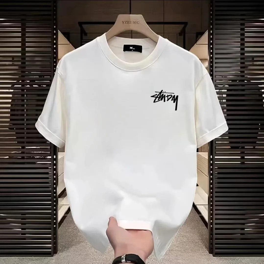 2024 جديد الصيف الرجال تي شيرتات قصيرة الاكمام عادية فضفاضة تناسب هونغ كونغ نمط العلامة التجارية العصرية Ins نمط الحياة نصف كم #3