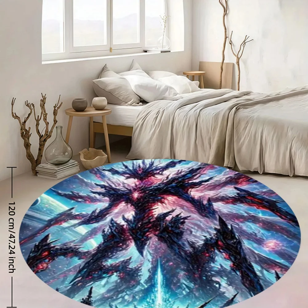 Cosmic Monster Round Rug Flannel Sci Fi Fantasy Floor Mat Gaming Room Decor Alien Creature Galaxy Background Soft Carpet view 5