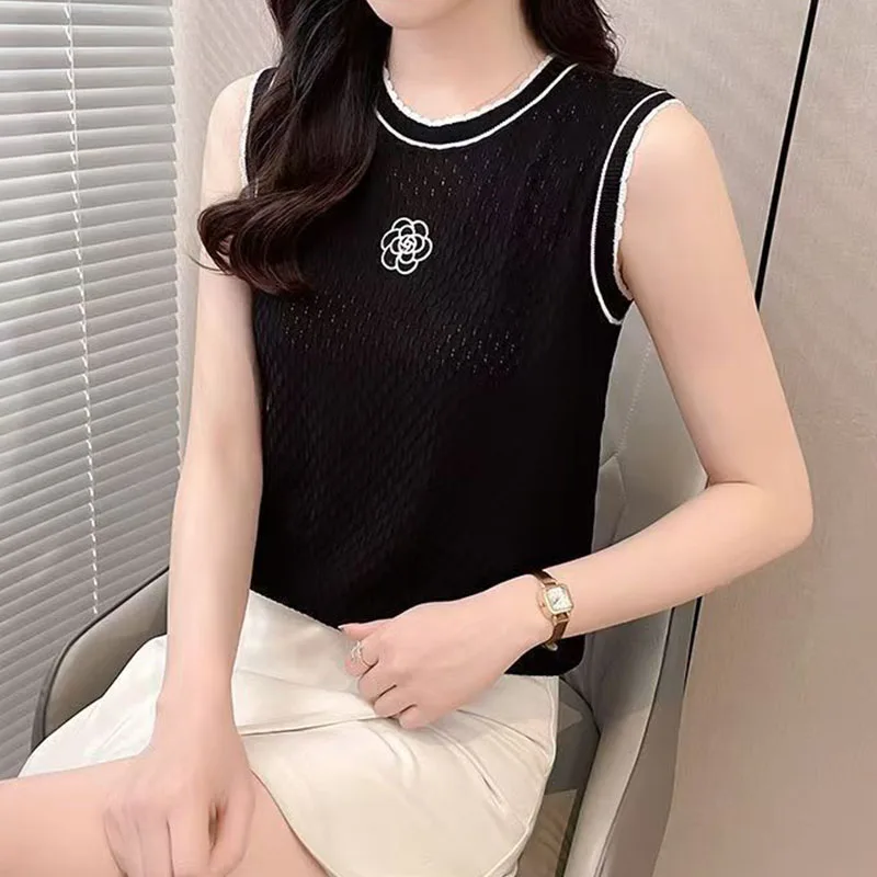Été nouveau camélia col rond glace soie à manches courtes femmes ample demi-manches gilet T-Shirt pull haut