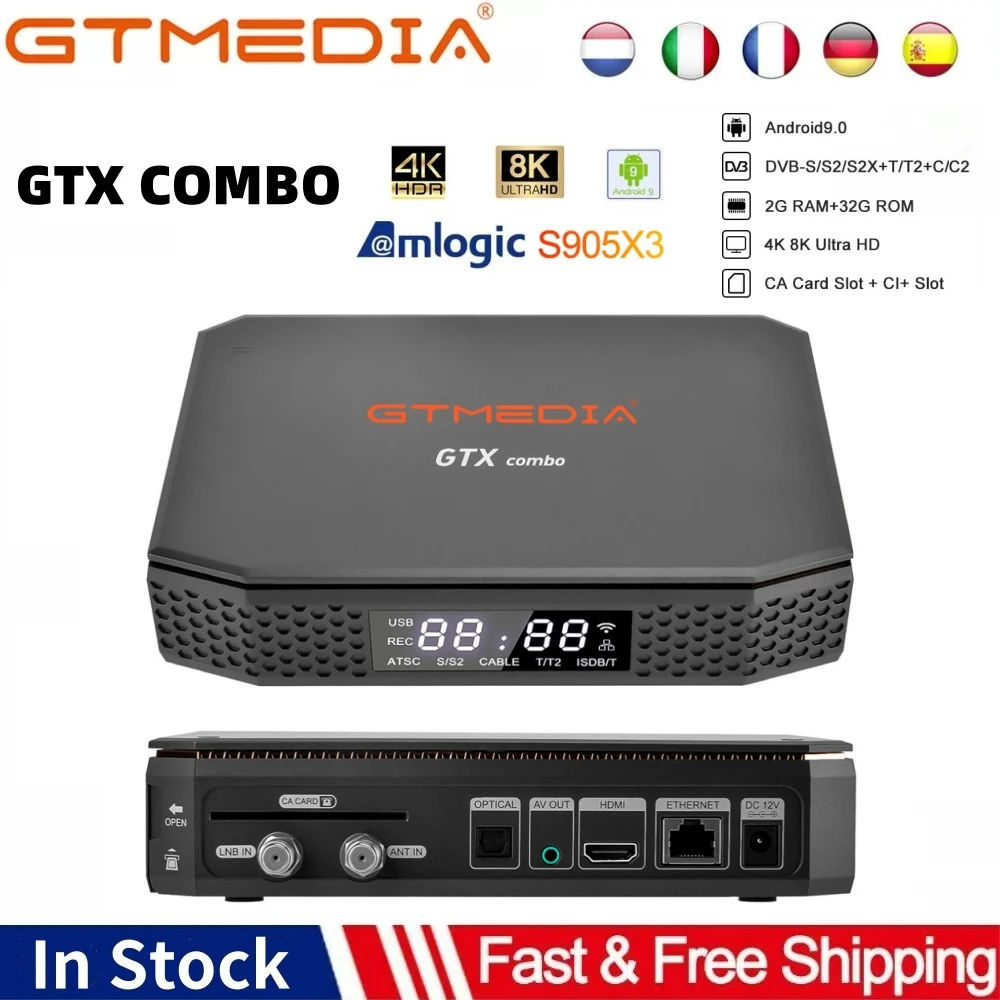 GTMEDIA GTX Combo Smart TV Box 4K/8K UHD Android 9.0+DVB-S/S2/S2X+T/T2+C/C2,2GB+32GB,CA Card Slot&CI+1.4,SATA-HDD,BT4.1 Decoder