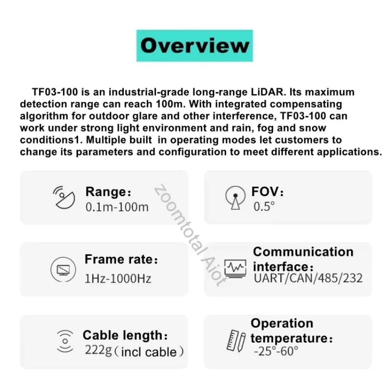 TF03-100 para evitar colisiones de vehículos/anvertencia de seguridad 100m LiDAR de grado Industrial ambiente de luz fuerte lluvia/niebla/nieve
