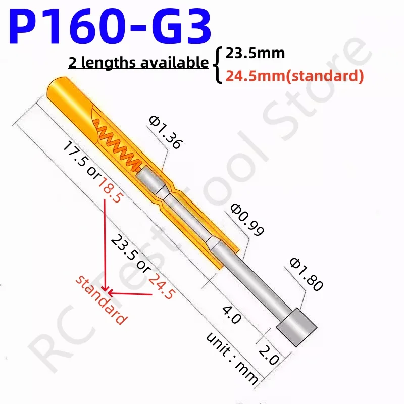 

100PCS P160-G3 Spring Test Probe PogoPin Spring Test Pin Length 23.5 or 24.5mm Needle Dia 1.36mm Test Probe Head 1.80mm P160-G